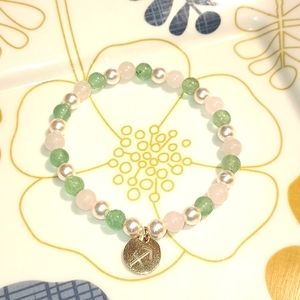 INDIGO HEALS 6MM FAUX PEARL,ROSE QUARTZ AND JADE BRACELET WITH GOLD P. PENDANT